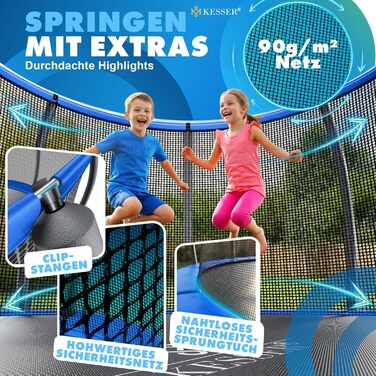 Трамплін KESSER® Outdoor для дітей та дорослих, діаметр 244/305/366/427 см, з сертифікатом GS, безпечне сітко, сходи, захисний борт, подушки на стійках (блакитний)