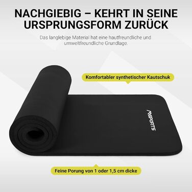 MSPORTS Килимок для гімнастики та йоги Studio 183 x 61 x 1/1.5 см | з постерами та ручками | М'який, без фталатів, чорний