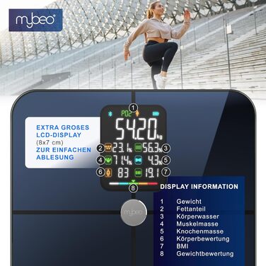 Вага Mybeo для тіла з аналізом складу тіла та Bluetooth - цифрова вага для тіла з дисплеєм, скануванням Full Body, до 180 кг, загартоване скло