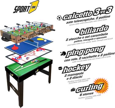 Мультиігровий стіл Sport1 Supertable Mini 5-в-1: футбол, хокей, більярд, теніс, керлінг, 97,5x48x69 см, з аксесуарами
