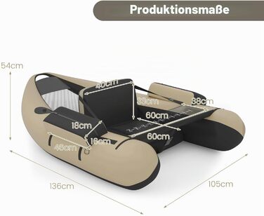 Надувний човен для рибалки HOMASIS Belly Boat з помпою, підставкою для вудок та регульованою спинкою, алюмінієвим веслом та плавцями, навантаження до 160 кг, 136 x 105 x 54 см, бежевий