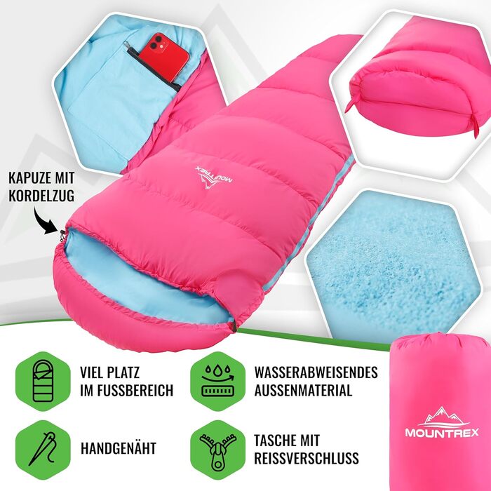 Дитячий спальний мішок MOUNTREX® - 175x70x45 см - для кемпінгу, подорожей, відпочинку на природі. 100% бавовна, рожево-блакитний, легкий, компактний, мумієподібний.