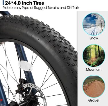 Гірський велосипед Hiland Fat Tire 24/26 дюймів для хлопчиків і дівчат, 7-ступеневий, дві дискові гальма, для пляжу та снігу