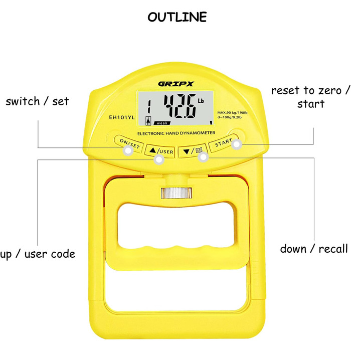 Електронний динамометр GRIPX для вимірювання сили стиску руки, 90 кг / 198 lbs (жовтий)