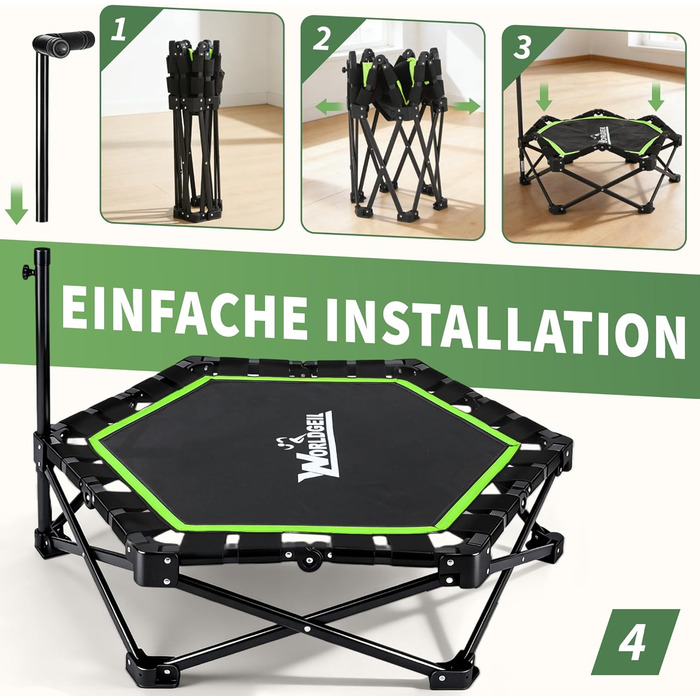 Складаний фітнес-батут для дому з регульованою ручкою, навантаження до 150 кг, Ø 86.5 см, для дорослих та дітей (Зелений)