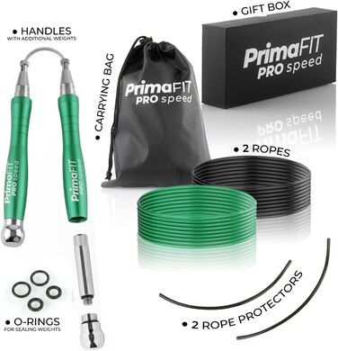 Скакалка PrimaFIT для дорослих, професійна швидкісна, 3 м, з регульованою довжиною, обтяжувачами, 2 підшипниками, антиковзкими ручками, для боксу, MMA, кросфіту, сталевий трос, чохол, зелена