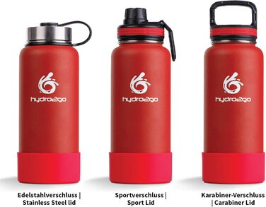 Гідрофляга hydro2go X-AlpsBottle 1 л, вакуумна термос пляшка з нержавіючої сталі, 3 кришки, герметична, для спорту та подорожей, Lava Red