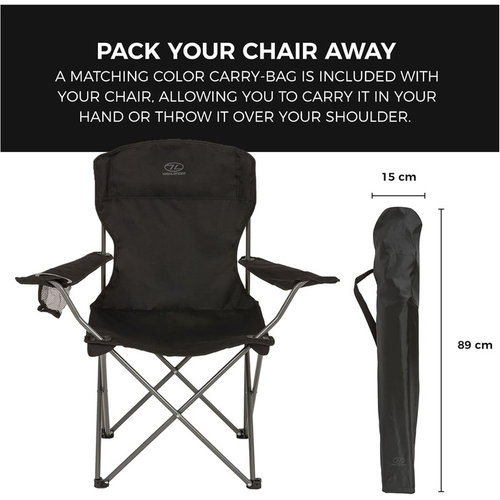Крісло для кемпінгу Highlander - Легке та міцне туристичне крісло для відпочинку на природі. Підходить для кемпінгу, фестивалів, дачі, риболовлі та відпочинку на пляжі. Чорний колір.