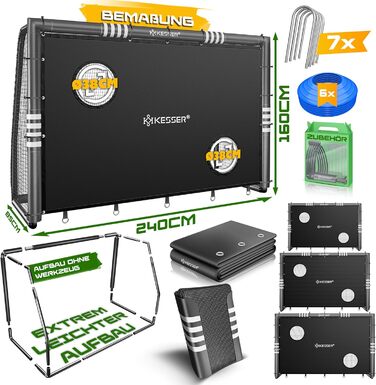 Ворота футбольні KESSER® для саду, міцні, для тренувань, з UV-стійким сіткою, сталевий каркас з оббивкою, фіксатори для землі, насос, конуси, аксесуари для монтажу (240см, з торговою панеллю, антрацит)