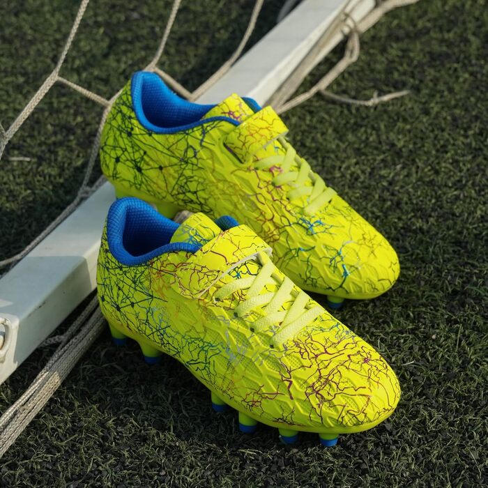 Дитячі футбольні бутси JABASIC для гри на твердих поверхнях, біло-блакитні, з футбольними шкарпетками (33 EU, лайм)