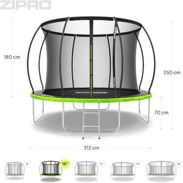 ZIPRO JumpPro Premium Трамплін для дітей Outdoor, садова модель з сіткою, захист від УФ, водостійкий, проста збірка, вантажопідйомність до 150 кг, діаметр 252/312/374/435/496 см