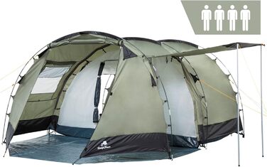 Намет CampFeuer Super+ для 4 особи: великий тунельний намет з 2 входами та тамбуром | Водонепроникний намет 3000 мм для кемпінгу, сімейного відпочинку та груп | Оливковий/Чорний