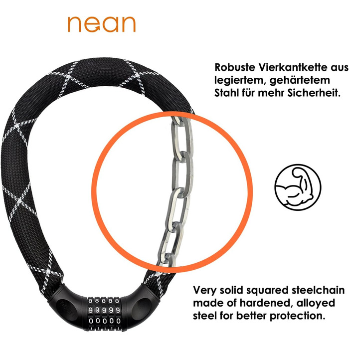 Замок для велосипеда Nean з кодовим замком, висока безпека, міцна тканинна обгортка, 6 x 6 x 900 мм, чорний