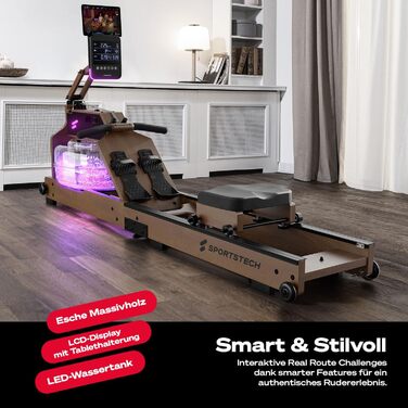 Sportstech WRX1000: Гребний тренажер з водяним опором для дому. Масивне дерево, LED-дисплей, підтримка додатків та планшета. Німецька якість.