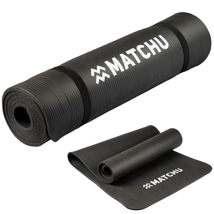 Килимок для фітнесу, йоги та спорту MATCHU 180x60x1 см, NBR, чорний + Ремінець для перенесення