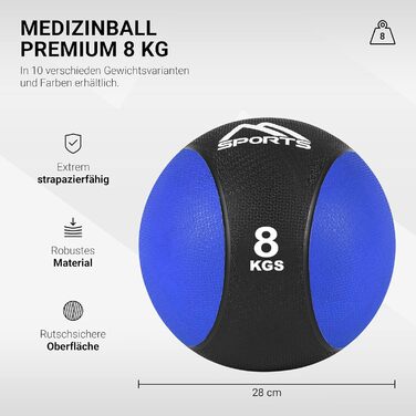 MSPORTS Медичний м'яч 8 кг, професійний, синій, з постером для вправ