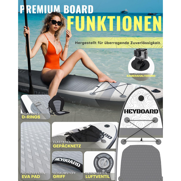Надувна SUP-дошка HEYBOARD 320x81x15 см з аксесуарами: рюкзак, регульоване весло, ручний насос, страхувальний шнур, знімний плавник