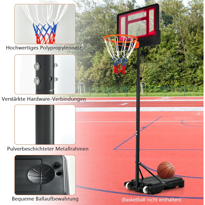 Баскетбольний кошик GOPLUS для дітей та підлітків, регульована висота 90-210см, портативний стійкий баскетбольний стенд з колесами та щитом 76x50см (Червоний)