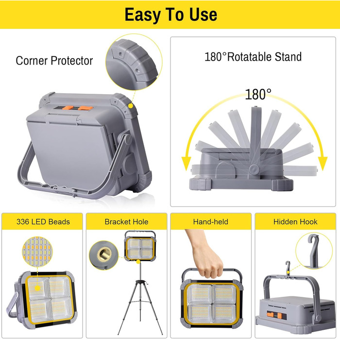 ERAY Сонячний LED прожектор 150W з акумулятором 7800mAh, 336 LED, 4 режими, 3 способи зарядки, портативний кемпінговий ліхтар та робоча лампа для кемпінгу, гаража, надзвичайних ситуацій на відкритому повітрі (сірий)