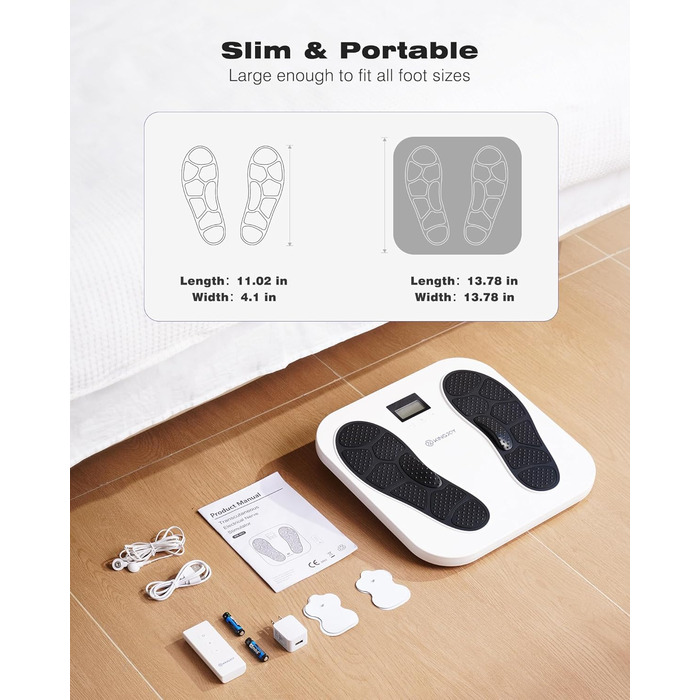 Масажер для ніг та тіла Medic EMS TENS - стимулятор кровообігу з 10 режимами та 20 рівнями інтенсивності. Зменшує біль при п'ятковому фасціїті, невропатії та болю. Білий колір.