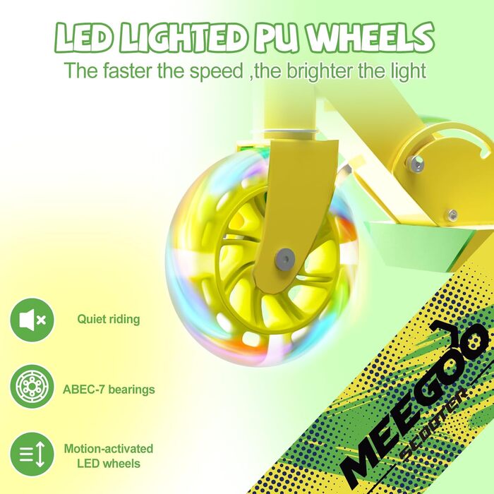 MEE GOO Роликовий самокат для дітей з алюмінію, складний, 3 регульовані висоти, LED колеса, жовтий