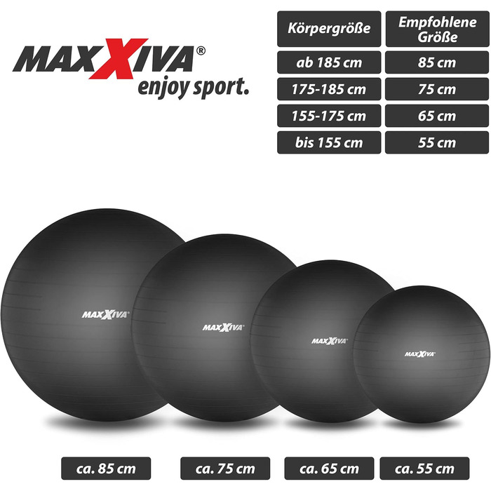 Фітнес-м'яч MAXXIVA 85 см, анти-вибуховий, з насосом, до 250 кг, гіпоалергенний, для реабілітації, йоги, пілатесу, чорний