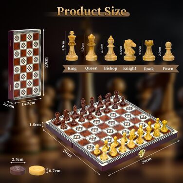 Магнітна шахова дошка з дерева 3 в 1, складана, для подорожей та дітей, 29x29 см