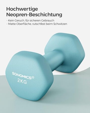 Гантелі SONGMICS 2×2 кг, набір гексагональних гантелей з неопреновим покриттям для фітнесу та силових тренувань вдома, блакитні