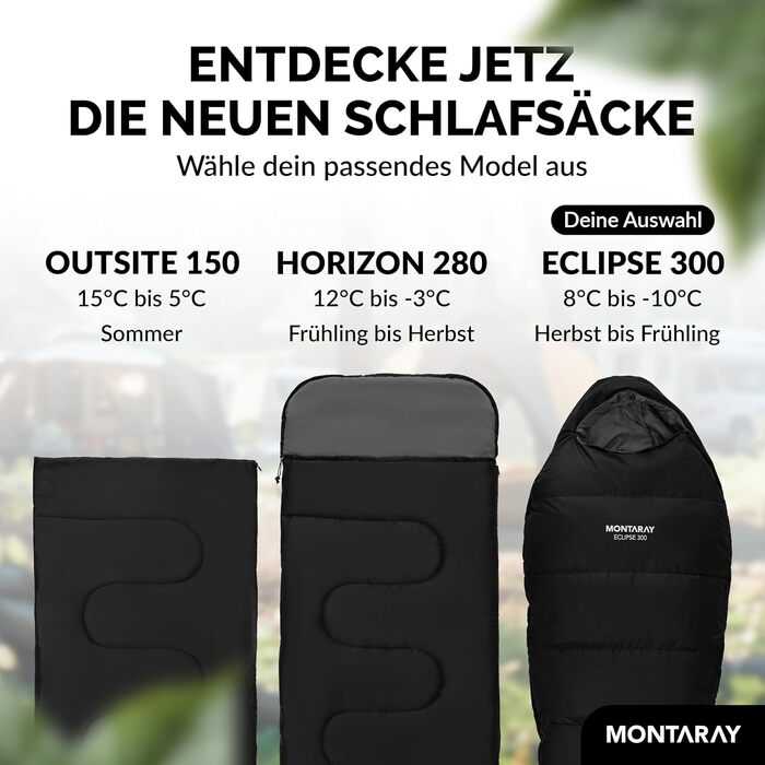 Спальний мішок MONTARAY® Mumiya [8°C - -5°C] з подушкою для 3-4 сезонів [300GSM] - Outdoor зимовий та літній спальний мішок (80x220cm) - Дека- та ковдровий спальний мішок для жінок та чоловіків (теплий), Чорний