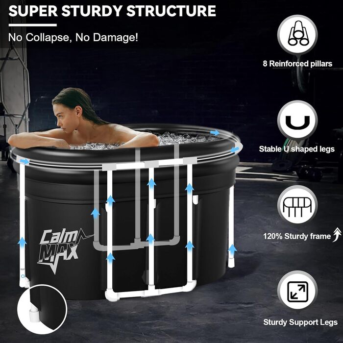 CalmMax XL 478L Овальна Ейсбад з Надувним Підголовником та Кришкою - Складна Ванна для Дорослих, 100 см, Ізольована Ейс-Тоне для Внутрішнього та Зовнішнього Використання, Кріотерапія для Спортсменів IB04