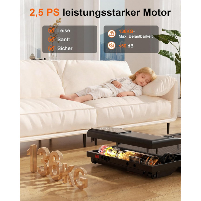 Біговий килимок Superun з нахилом 6% – бігове полотно для дому 2.5 PS з додатком та пультом дистанційного керування – біговий стіл max 136 кг з мульти-режимом та тренувальними курсами 110 см. Чорний