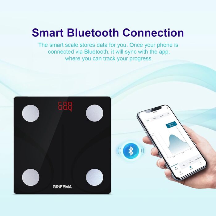 Ваги GRIFEMA Digitale Personenwaage з вимірюванням жиру та м'язової маси, Bluetooth, для BMI, протеїну, чорного кольору. Підключення через додаток.