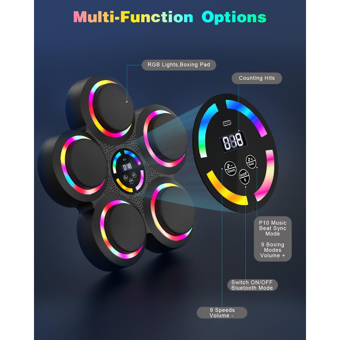Музична бокс-машина з LED-підсвіткою та Bluetooth, 9 режимів швидкості та лічильник ударів, для дорослих та дітей, 5 ударних подушок