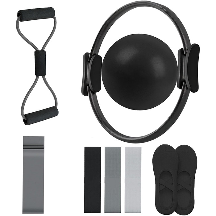 Набір для пілатесу: кільце Magic Circle, еластичні стрічки, м'яч, шкарпетки, тренажер для пресу та гнучкості, чорний