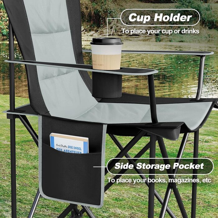 Складний туристичний стілець WOLTU: легкий, для відпочинку на природі, риболовлі, з кишенею для напоїв та боковою кишенею, до 150 кг, для кемпінгу, пляжу, саду, тераси (чорний + світло-сірий)