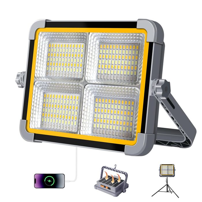 Сонячний прожектор ERAY 150W LED з акумулятором 7800mAh, 336 LED, 4 режими, 2 способи зарядки, портативний кемпінговий ліхтар та робоче освітлення для кемпінгу, гаража, надзвичайних ситуацій на відкритому повітрі, сірий