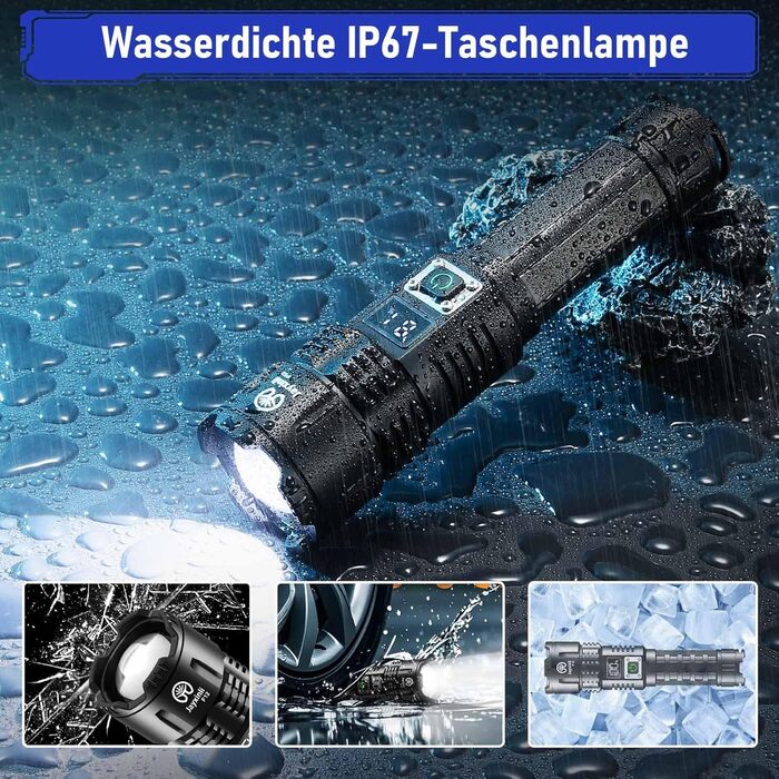 Ліхтар Jayxinli 500000 Люмен, акумуляторний, надпотужний, з регулюванням фокусу, 3 режими, тактичний, для кемпінгу, надзвичайних ситуацій та повсякденного використання, чорний