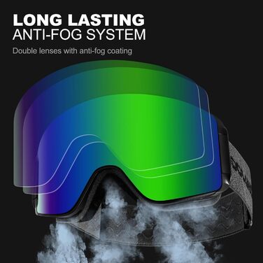 Скі-маска Ololand для жінок та чоловіків, захист від запотівання, UV-захист, магнітні змінні лінзи, сумісна зі шоломом, для сноуборду та катання на лижах, чорний колір, VLT 8.8% (зелена лінза - VLT 13%)