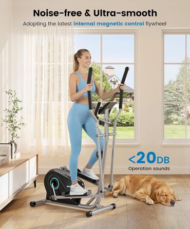 Крос-тренажер THERUN, ультратихий еліптичний тренажер для дому, 6 кг маховик, 16 рівнів опору, датчик пульсу, LCD-монітор, тримач для пляшки, блакитний