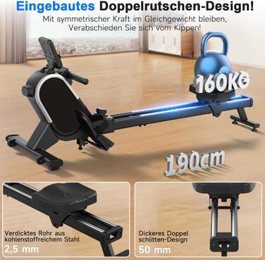 Гребний тренажер CHAOKE для дому, тихий магнітний, з App, 16 рівнів опору, стабільний, до 160 кг, чорний