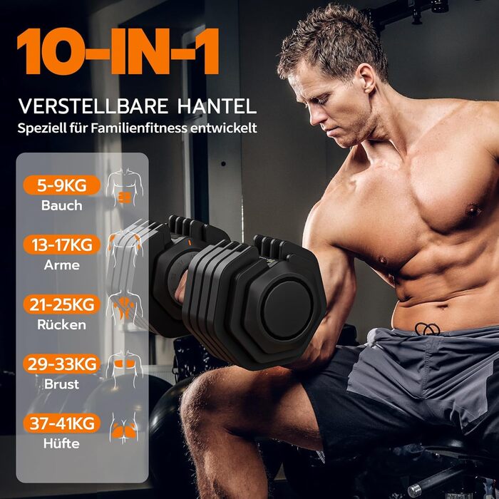 Набір гантелей Dripex: 11 кг, 24.5 кг, 41 кг. Регульовані диски, антиковзні ручки, підставка. Для фітнесу, окремо або пара. 41 кг x2 (10 рівнів налаштування)