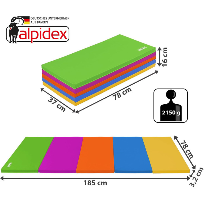 Гімнастичний мат ALPIDEX складаний 185x78x3,2 см, м'який, для дому, дітей та дорослих, кольоровий