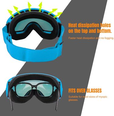 Queshark Скі-маска: подвійна сферична лінза, захист UV400, анти-запітління та анти-відблиск, сумісна з шоломом, для сноуборду та лиж, чорно-коричневий колір (блакитна лінза)