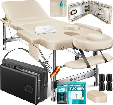 Масажне ліжко KESSER® з 3 зонами, до 250 кг, складне, регульоване, з аксесуарами (підголовник, підлокітники, сумка), антиковзне покриття, бежеве