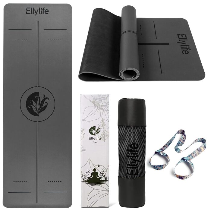 Протиковзкий килимок для йоги, пілатесу та фітнесу з еко-натурального каучуку та TPE, з лініями розмітки та ременем для перенесення, темно-сірий, 4 мм
