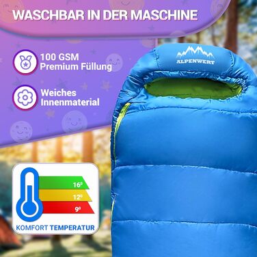 Дитячий спальний мішок Alpenwert® для літа – росте разом з дитиною! [130–170 см] – Вага 920 г, компактний [32×19 см] – Ідеально для кемпінгу, фестивалів, відпочинку на природі – Спальний мішок-кокон від 6 років (блакитний/неоновий жовтий)