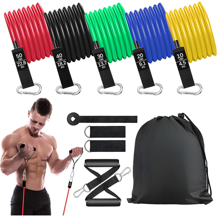 Фітнес-гумки Bindokun: набір з 5 еластичних стрічок для силових тренувань, фітнесу, пілатесу. З ручками, фіксаторами для ніг та дверей. Для жінок та чоловіків.