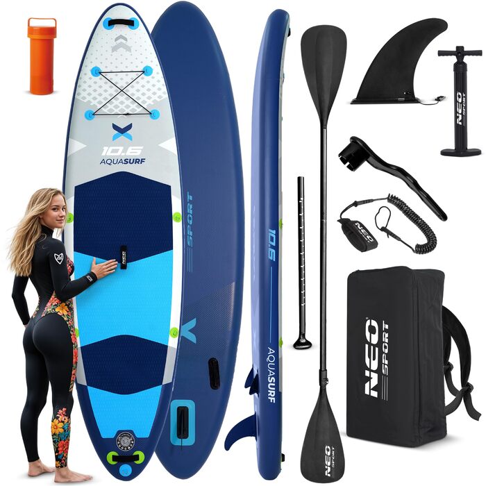 Надувний SUP Neo-Sport Stand Up Paddle Board 10.6 (320 см) з аксесуарами: насос, весло, leash, рюкзак (блакитний та сірий)