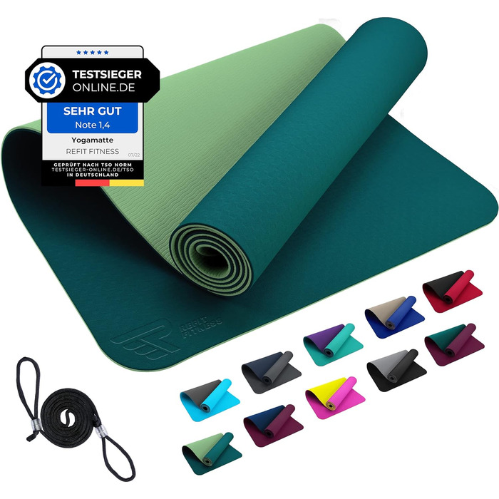 Килимок для йоги REFIT FITNESS Perfect-Fit 190 x 60 x 0,6 см з покриттям GeckoGrip & Sensi-Plus TPE. Безпечний, неслизький, з ручкою для перенесення. Підходить для фітнесу та гімнастики.