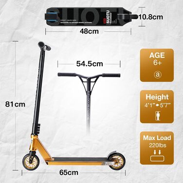 SUOTU Професійний стент-скутер, 360° кермування, роликовий скейт з колесами 110 мм 85A PU, для дітей, підлітків та дорослих, вантажопідйомність 100 кг, алюміній, чорний – золотий